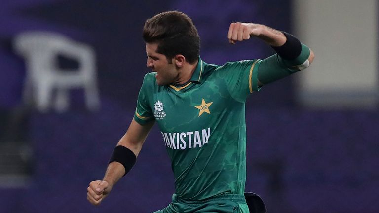Shaheen Afridi celebrates the dismissal of Rohit Sharma for a duck