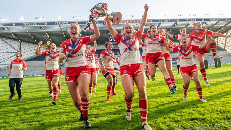 St Helens celebrate their win over Leeds in Sunday's Women's Super League Grand Final