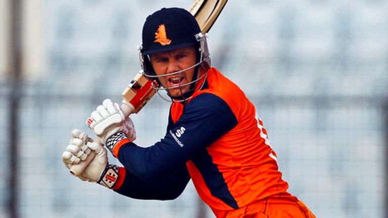Stephan Myburgh of the Netherlands plays a stroke during the ICC Twenty20 Cricket World Cup match against England in Chittagong, 2014