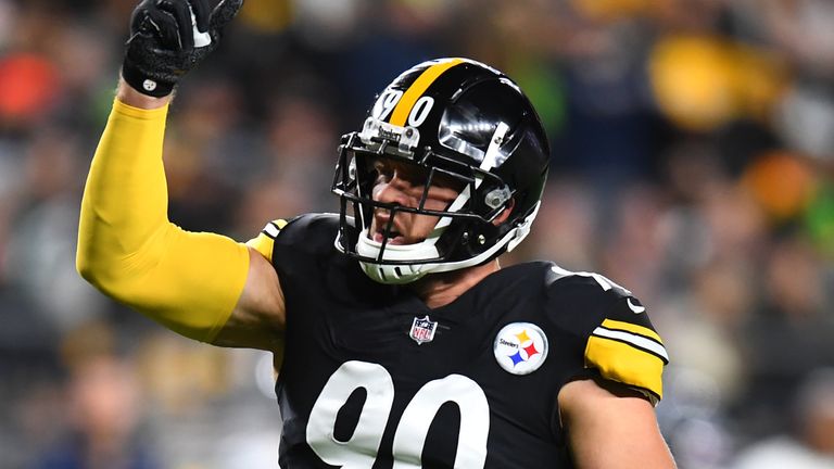 T.J. Watt celebrates his key strip-sack of Geno Smith which set up the Pittsburgh Steelers' game-winning field goal