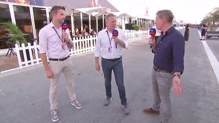 Sky F1's Martin Brundle and Jenson Button react after Red Bull's Max Verstappen is given a five-place grid penalty for today's race, which will see him start seventh.