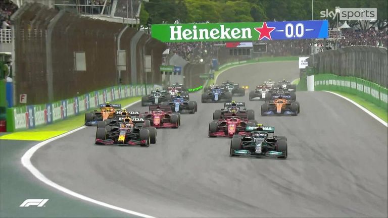 Watch the start of the most recent F1 Sprint as Max Verstappen loses two places on the opening lap at the Sao Paulo GP