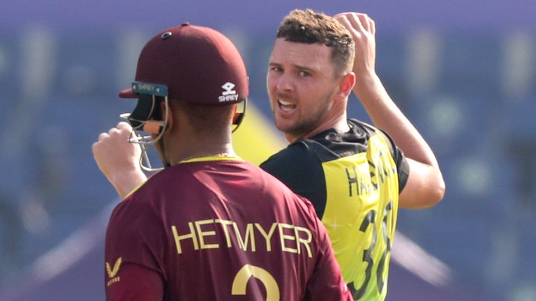 Josh Hazlewood took four wickets, including Shimron Hetmyer caught down the leg-side from an excellent bouncer