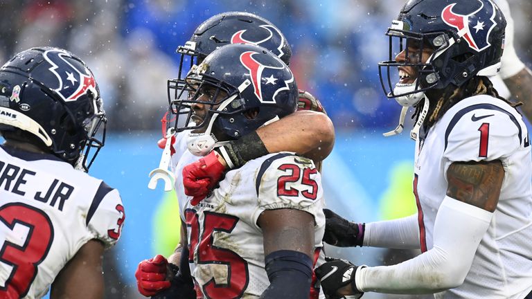 Desmond King celebrates one of his two interceptions in the Houston Texans' shock win over the Tennessee Titans last week