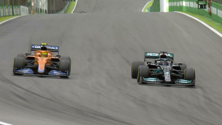 Lewis Hamilton overtakes Lando Norris to move up to fifth place on the final lap of the Sao Paulo Sprint