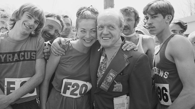 Boston Marathon official Semple, who for years was against women running in his race, with Switzer in 1973