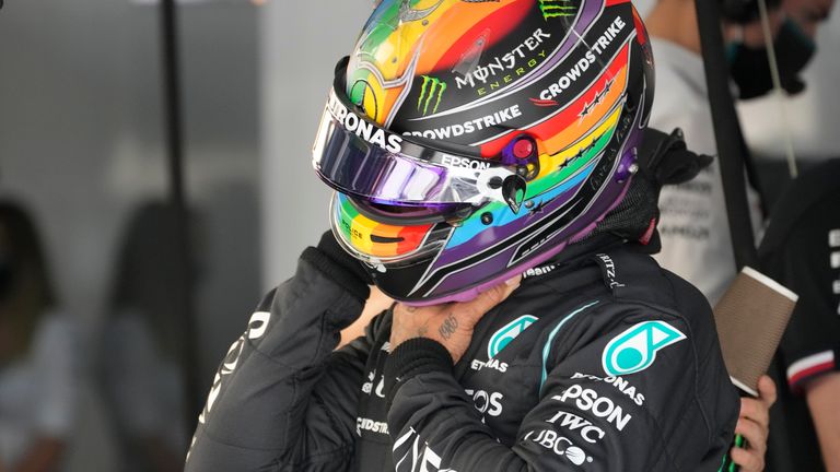 Lewis Hamilton wears his 'We Stand Together' helmet in Qatar