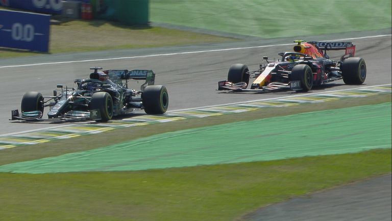 After briefly swapping positions, Hamilton passes Sergio Perez to take P2 and makes it stick
