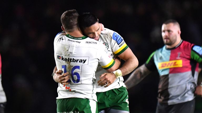 London Irish's Mike Willemse and Curtis Rona celebrate after the final whistle