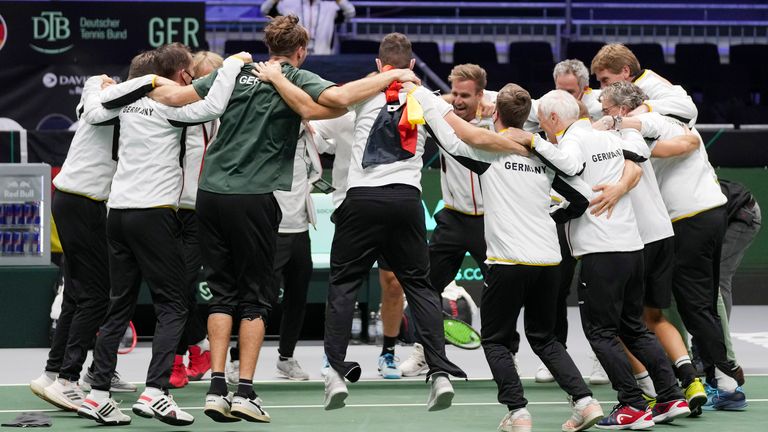 Germany celebrate defeating Britain to reach the semi-finals of the Davis Cup