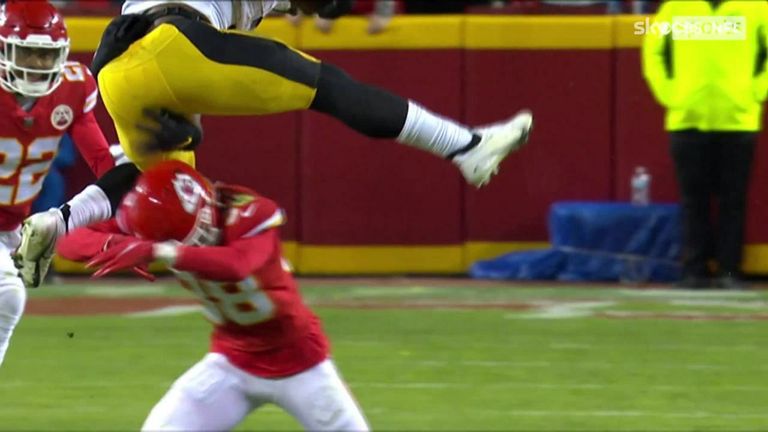 Najee Harris showed some exceptional agility with this leap over a Kansas City Chiefs defender for the Pittsburgh Steelers. 