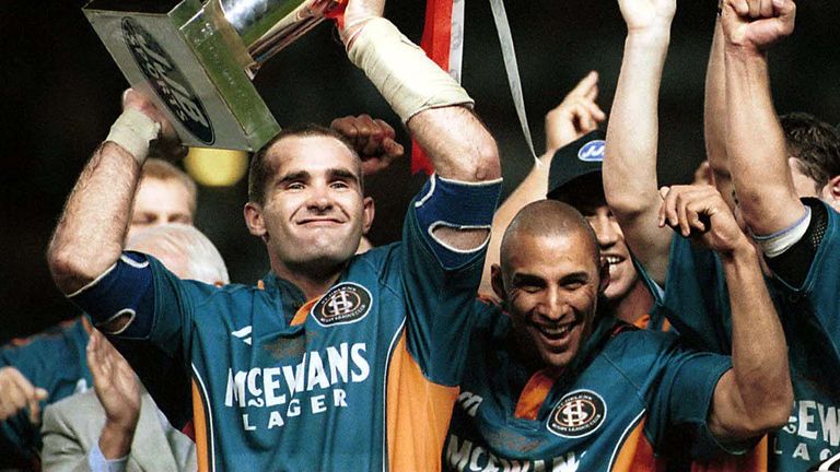 Anthony Sullivan celebrates St Helens' 1999 Grand Final triumph with Chris Joynt