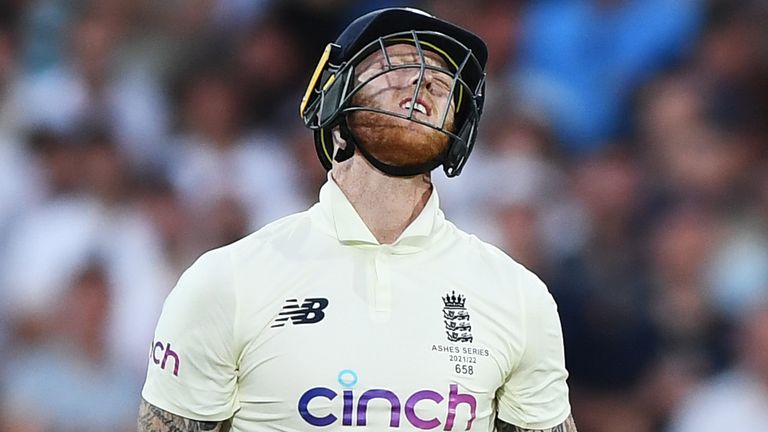 Ben Stokes grimaces after dragging a Cameron Green delivery on to his stumps in Adelaide