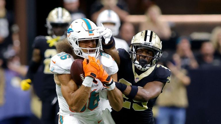 Miami Dolphins wide receiver Mack Hollins completes a 40-yard reception on a great pass from quarterback Tua Tagovailoa