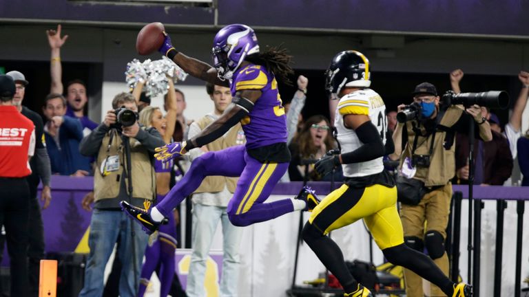 Minnesota Vikings running back Dalvin Cook's 29-yard scoring run put him over 100 yards rushing in the first half of their Thursday night game against the Pittsburgh Steelers.