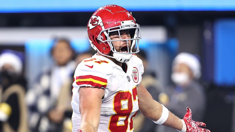 Travis Kelce celebrates after his game-clinching touchdown for the Kansas City Chiefs against the Los Angeles Chargers in Week 15