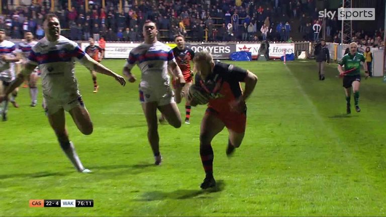 Paul McShane put the seal on Castleford Tigers' win in the derby clash at home to Wakefield Trinity in 2018 with this long-range score