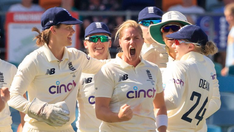 Katherine Brunt ended with figures of 5-60 as England struck twice on the second morning before Australia declared