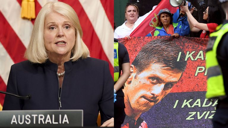 Australia Home Affairs minister Karen Andrews says Novak Djokovic is 'free to leave any time' as family and fan protests rage on