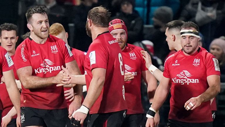 The Ulster pack celebrate Rob Herring (right) scoring their first try after a powerful rolling maul 