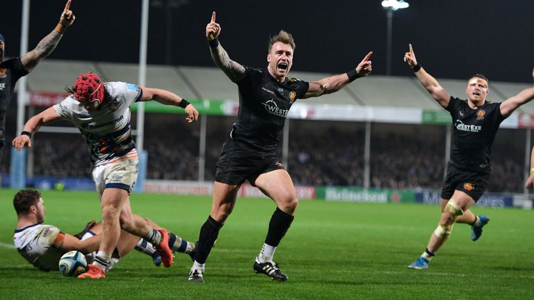 Stuart Hogg celebrates after scoring a try in Exeter's win over Bristol