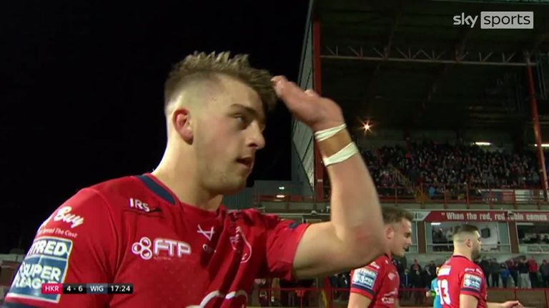 Mikey Lewis scores the opening try for Hull KR against Wigan in the Super League