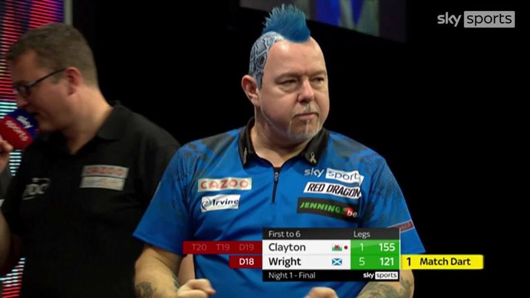 Peter Wright won the first night of the Premier League, dismissing Jonny Clayton with this 121 checkout