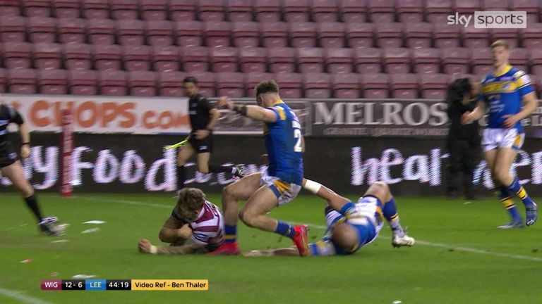 Sam Powell chased down a Kai Pearce-Paul kick to score for Wigan against Leeds
