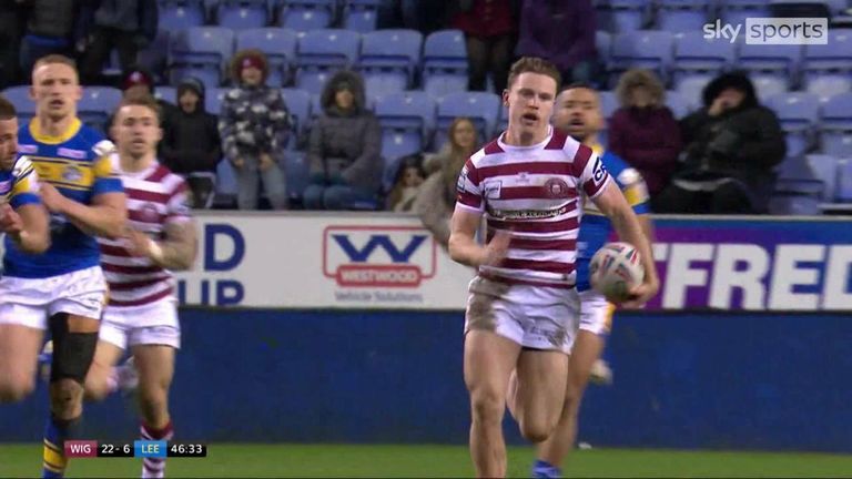 Jai Field completed a hat-trick for Wigan Warriors against Leeds Rhinos with this solo try from his own half.