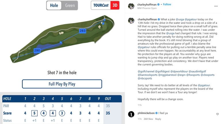 Hoffman took to Instagram to call out the USGA and the PGA Tour after the rules issue resulted in a double bogey during the second round of the WM Phoenix Open