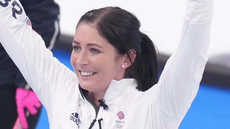 Muirhead celebrates after defeating Japan in the 2022 Winter Olympics Women's Curling final