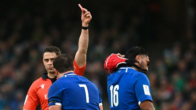 Georgian referee Nika Amashukeli shows a red card to Italy's Hame Faiva following a TMO review 