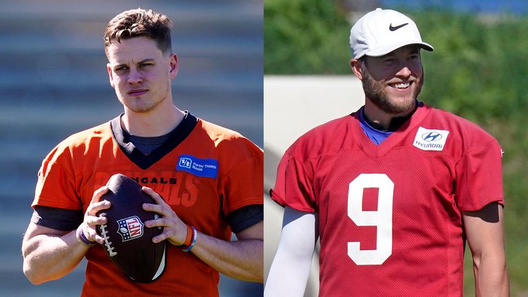 Cincinnati's Joe Burrow and L.A.'s Matthew Stafford pictured in training this week ahead of Super Bowl LVI on Sunday