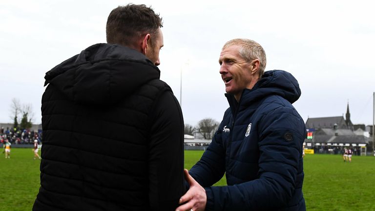 Galway manager Henry Shefflin and Offaly boss Michael Fennelly shake hands after the Walsh Cup clash last month