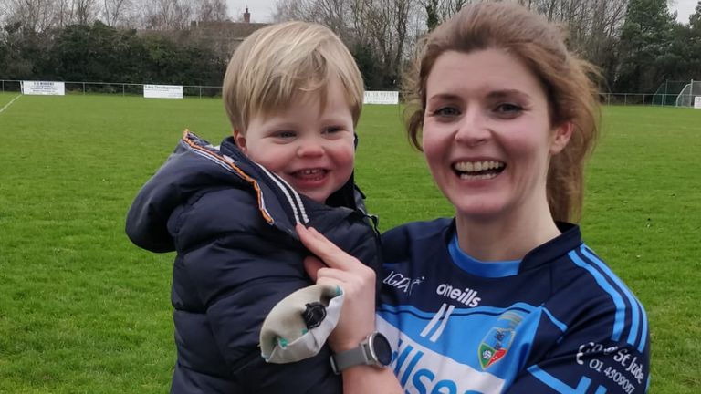 Kerr, pictured with her son Ben, after the All-Ireland semi-final victory