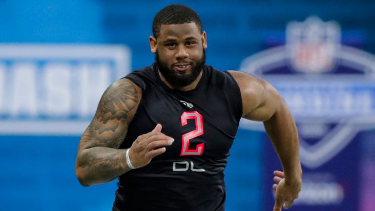 Former TCU defensive lineman Ross Blacklock runs the 40-yard dash at the NFL football scouting combine in Indianapolis