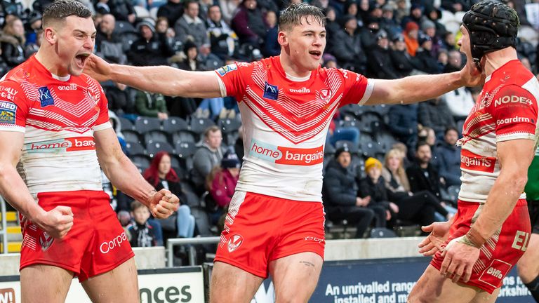 St Helens winger Josh Simm (left) scored two first-half tries