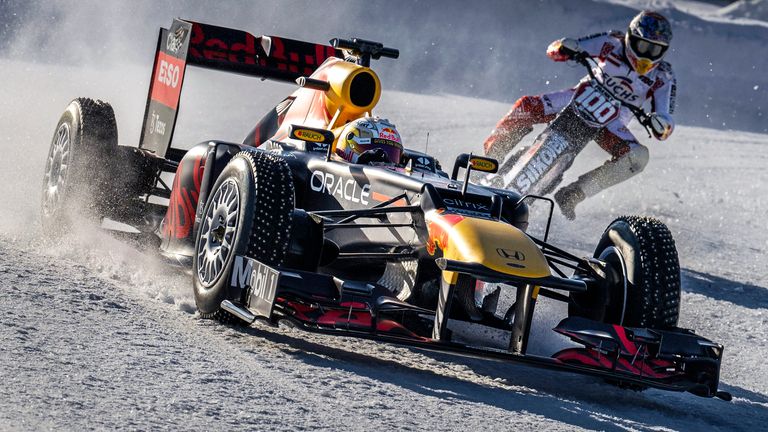 Watch as Formula 1 world champion Max Verstappen takes part in an epic alpine show run on ice in the Red Bull RB8 car, with the Dutchman racing alongside ice speedway star Franky Zorn.
