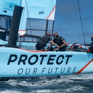 The British team's new F50 boat showcases their 'Protect our Future' campaign (Image credit: Jed Jacobsohn for SailGP)