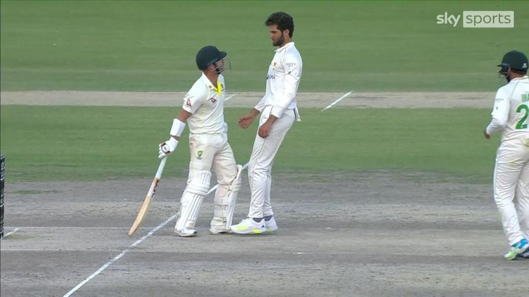 Australia batter David Warner and Pakistan bowler Shaheen Shah Afridi have shared a couple of moments during the third Test in Lahore, including a friendly squaring up after the final ball of the third day.