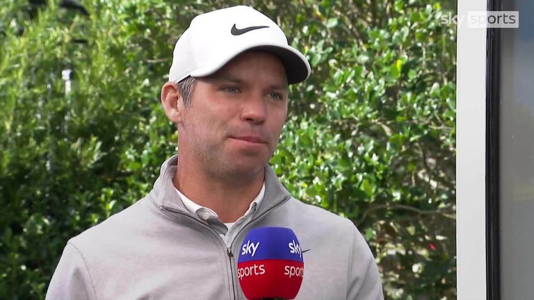 Paul Casey speaks to Henni Koyack  at the Sky cart, after his impressive putt at the 17th hole in round 3 of the Players Championship. 