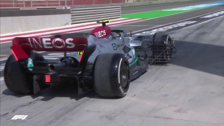 Lewis Hamilton takes to the track in his new-look Mercedes as the Bahrain test begins.