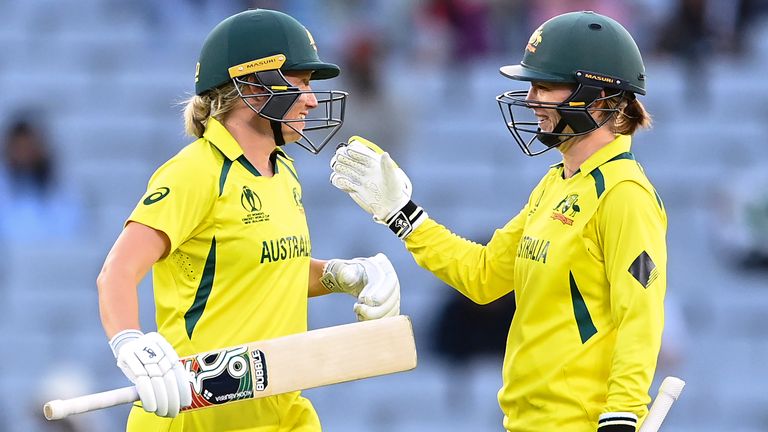Alyssa Healy (L) and Rachael Haynes celebrate their 100-run partnership for Australia