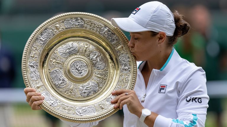 Barty celebrates with the trophy after winning the ladies' singles final at Wimbledon in 2021