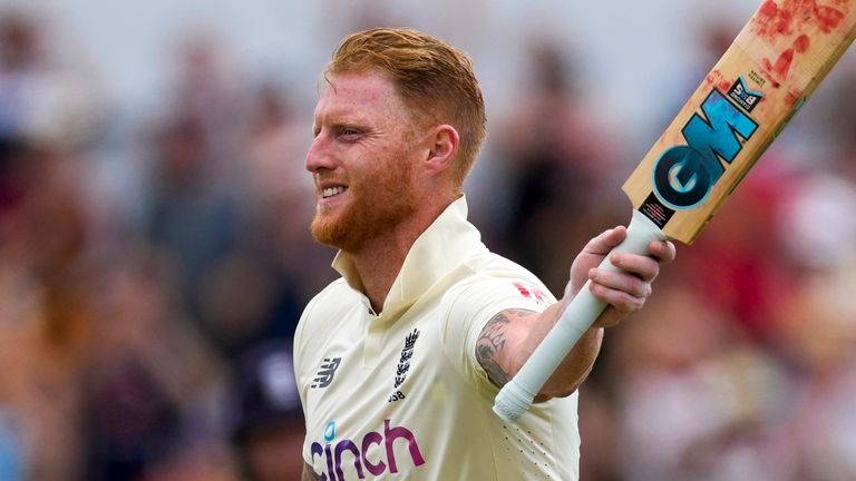 Ben Stokes celebrates after his century against the West Indies, his 11th in Test cricket for England