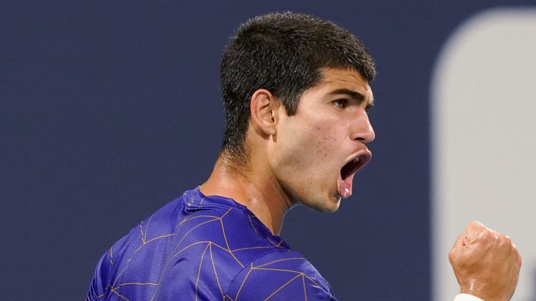 Carlos Alcaraz, 18, beat Stefanos Tsitsipas for the second time in his career to make the Miami Open quarters