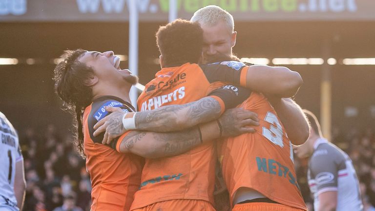 Castleford's players celebrate in their win over Hull FC