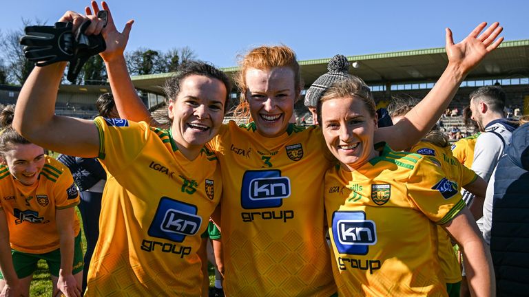 Geraldine McLaughlin, Evelyn McGinley and Niamh McLaughlin of Donegal celebrate at full-time