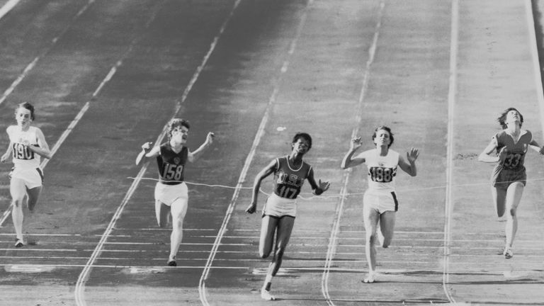 Hyman (number 188, second from right) winning the silver medal in the Olympic 100m final in Rome