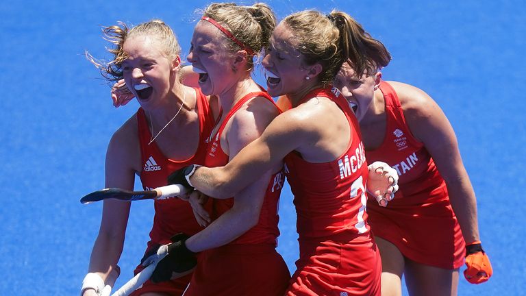 Hollie Pearne-Webb celebrates scoring a goal during last year's Olympic Games